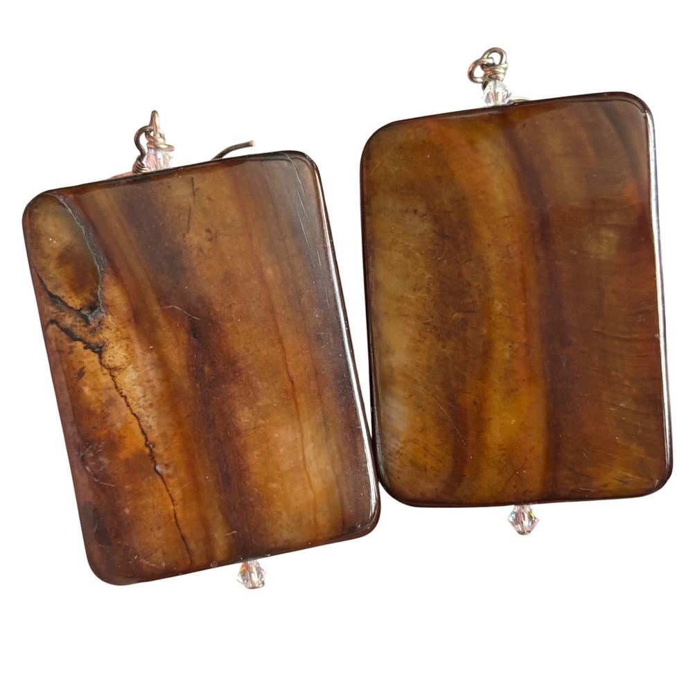 Drop Earrings Brown‎ Tiger's Eye Rectangular Slab Sterling Silver 925 Dangle
